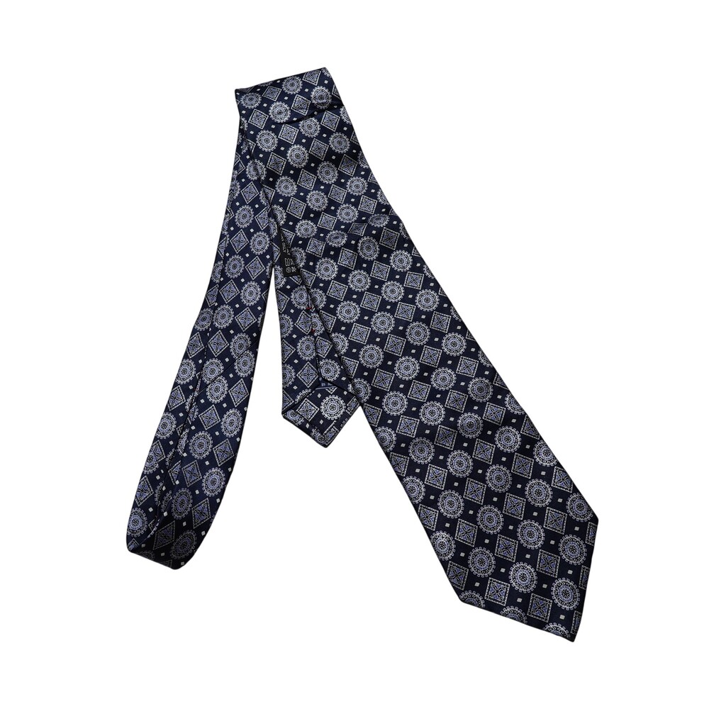 Brioni Tie Mens One Size Blue Geometric 100% Silk Woven Handmade Italy Necktie